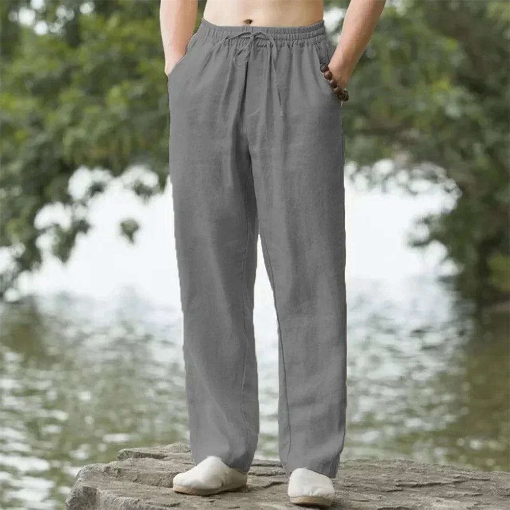 Men's summer linen pants, front view. Breathable lightweight fabric, relaxed fit with elastic waistband, perfect for casual w