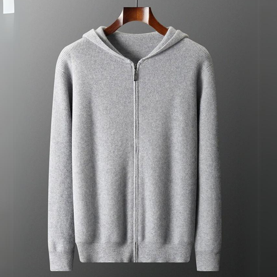 "Men's ultra-soft cashmere hoodie, sleek design, warm, durable, available in blue, gray, navy, perfect for comfort."