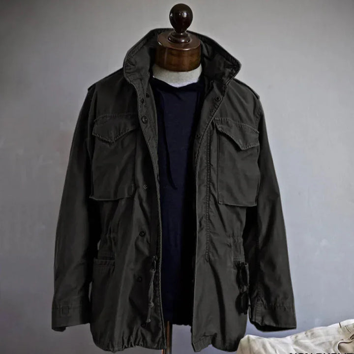 "Men's Vintage Cotton Field Jacket with adjustable waist; durable, breathable fabric, perfect for layering and outdoor wear."