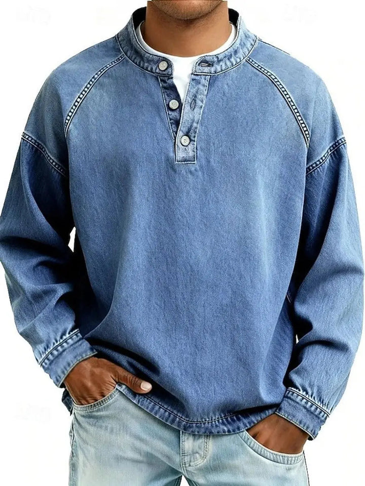 Blue men's casual Henley long sleeve top. Comfortable and versatile vintage pullover, great for daily fashion.