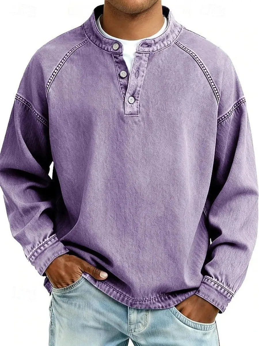 Khaki men's vintage Henley pullover. Easy care long sleeve shirt, perfect for a relaxed retro casual look.