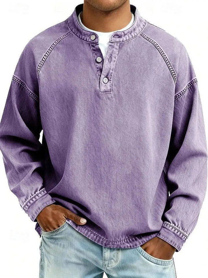 Khaki men's vintage Henley pullover. Easy care long sleeve shirt, perfect for a relaxed retro casual look.