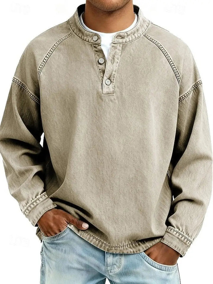 Men's long sleeve Henley pullover with raglan sleeves. Comfortable vintage style casual top for daily wear.