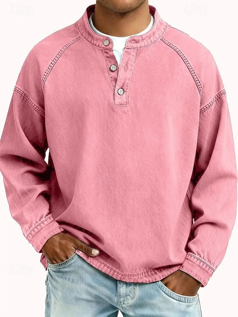 Versatile men's vintage Henley long sleeve pullover. Comfortable casual top suitable for various occasions.