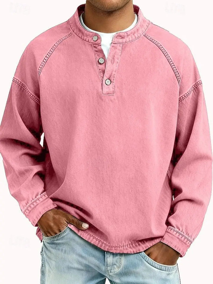 Versatile men's vintage Henley long sleeve pullover. Comfortable casual top suitable for various occasions.