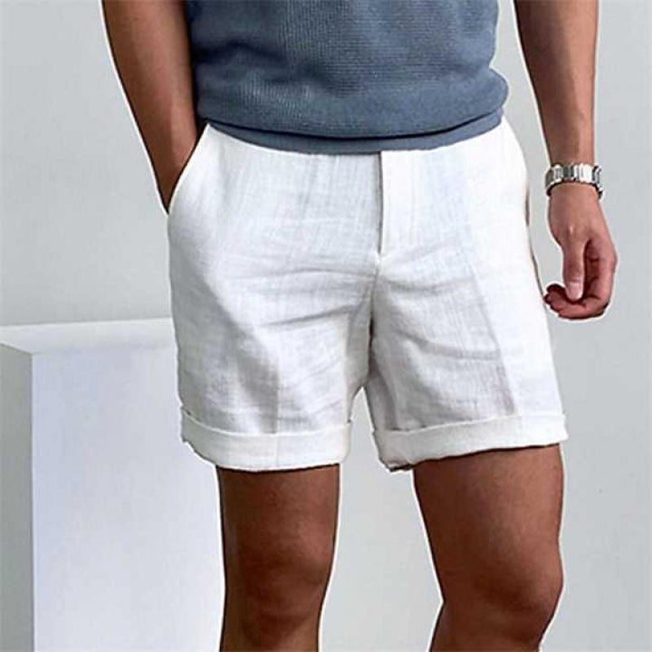 Men's vintage linen beach shorts, breathable and stylish in neutral tones, ideal for summer comfort and casual wear.