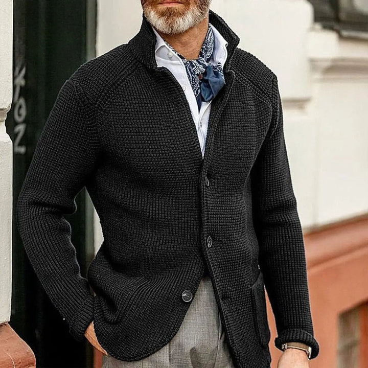 Men's relaxed fit waffle knit button-up cardigan jumper, ideal for smart casual layering.