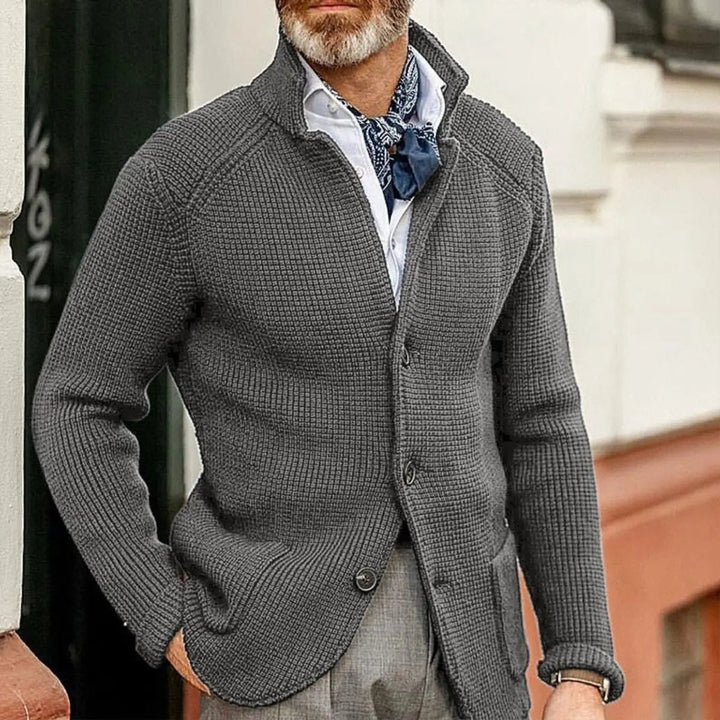Versatile men's relaxed fit waffle knit button-up jumper, a comfortable layering cardigan.