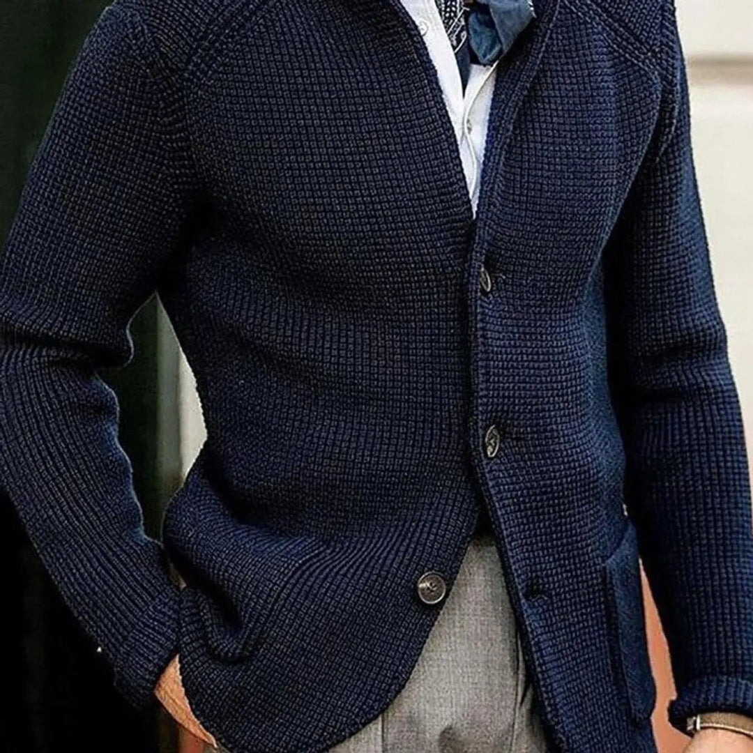 Textured waffle knit men's cardigan, a relaxed fit button-up jumper for smart casual men's fashion.