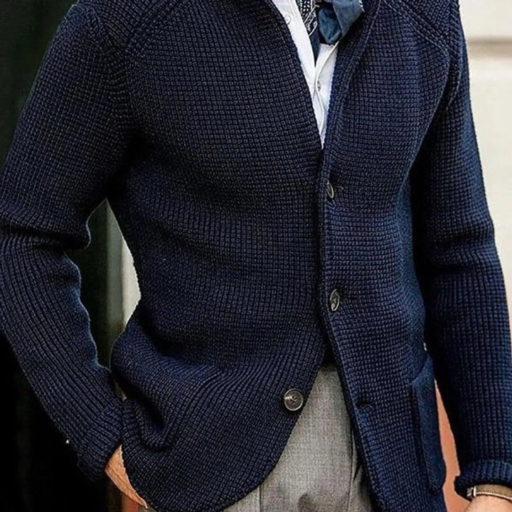 Textured waffle knit men's cardigan, a relaxed fit button-up jumper for smart casual men's fashion.