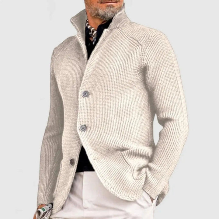 Stylish men's relaxed fit waffle knit button-up cardigan jumper, perfect for versatile smart casual looks.