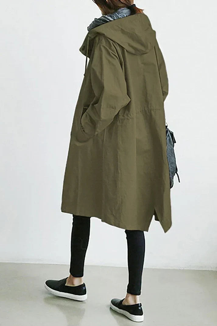 "Men's waterproof trench coat with hood, long tailored fit in black, showcasing stylish design and weather-resistant fabric."