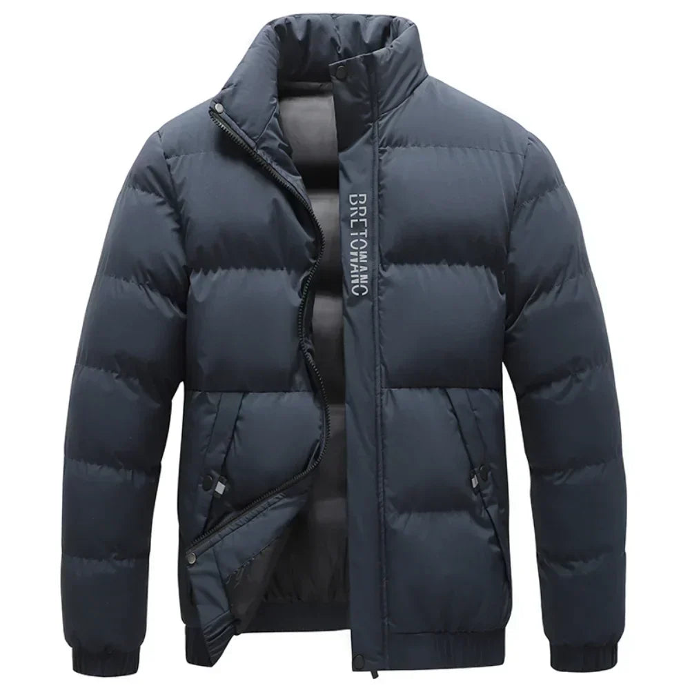 "Men's winter jacket in gray sharkskin fabric, featuring a sleek design with multiple pockets and a snug fit for outdoor wear