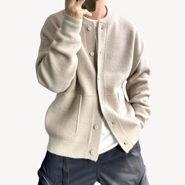 Men's wool button-up cardigan in green, showcasing premium wool fabric, button-up front, and relaxed fit for versatile stylin