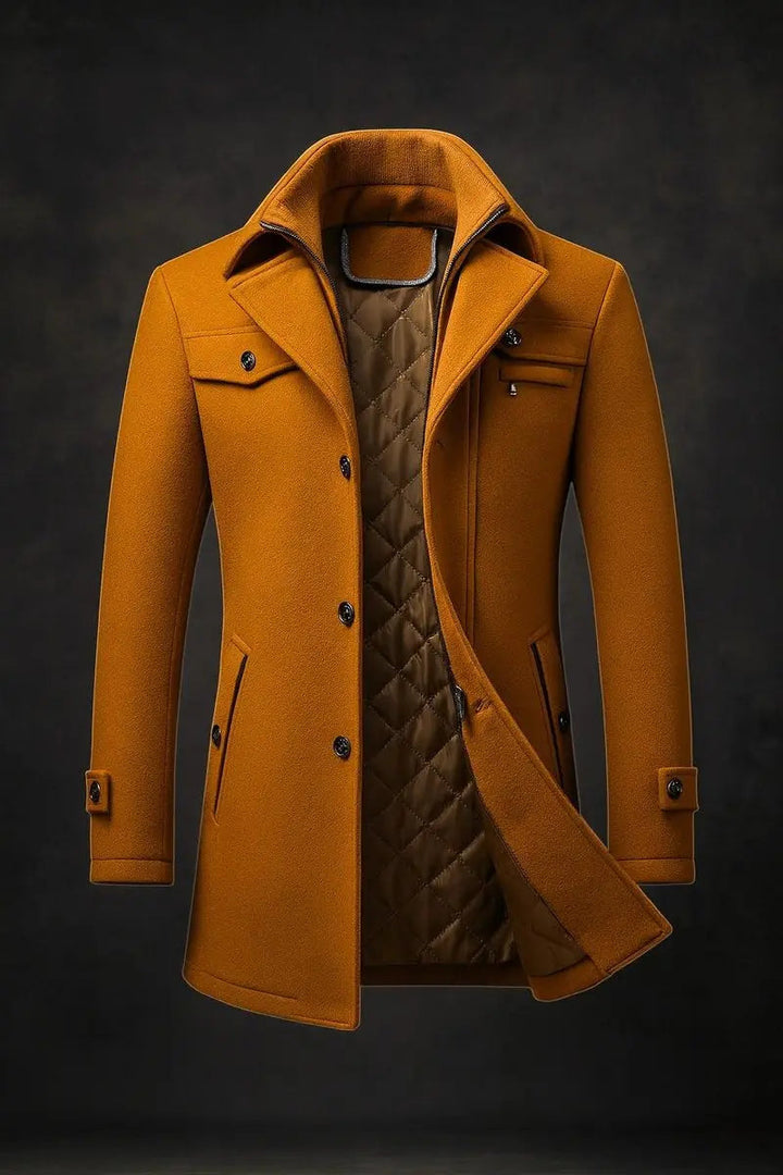 Men's elegant single-breasted quilted winter overcoat with a stylish double collar, perfect for cold weather.