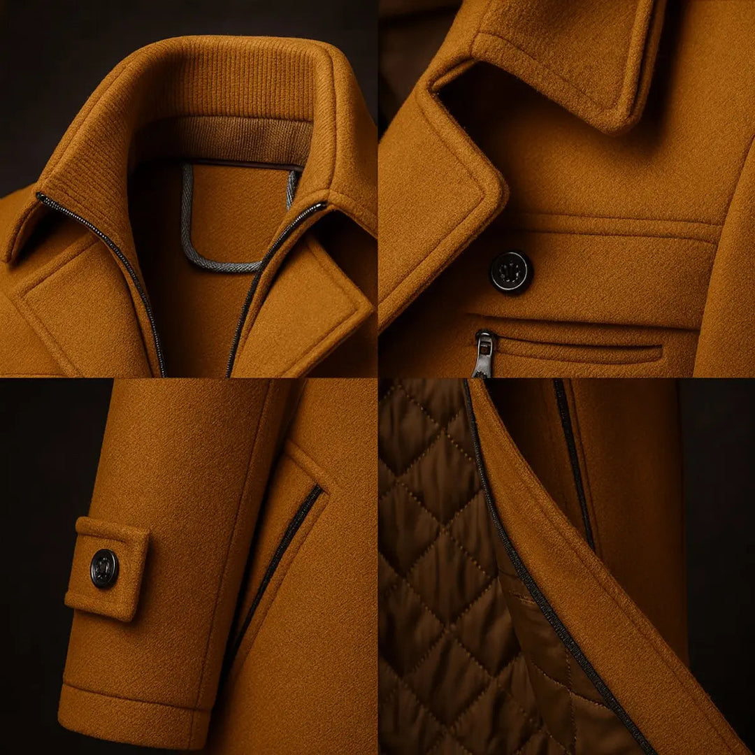 Stylish men's tailored quilted winter coat, single-breasted with double collar, ideal for business casual fashion.