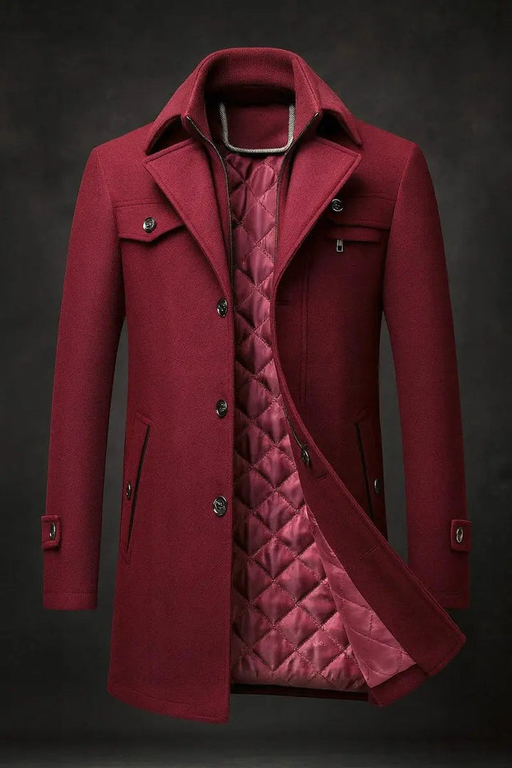 Warm men's single-breasted quilted overcoat featuring an elegant double collar, essential cold weather outerwear.