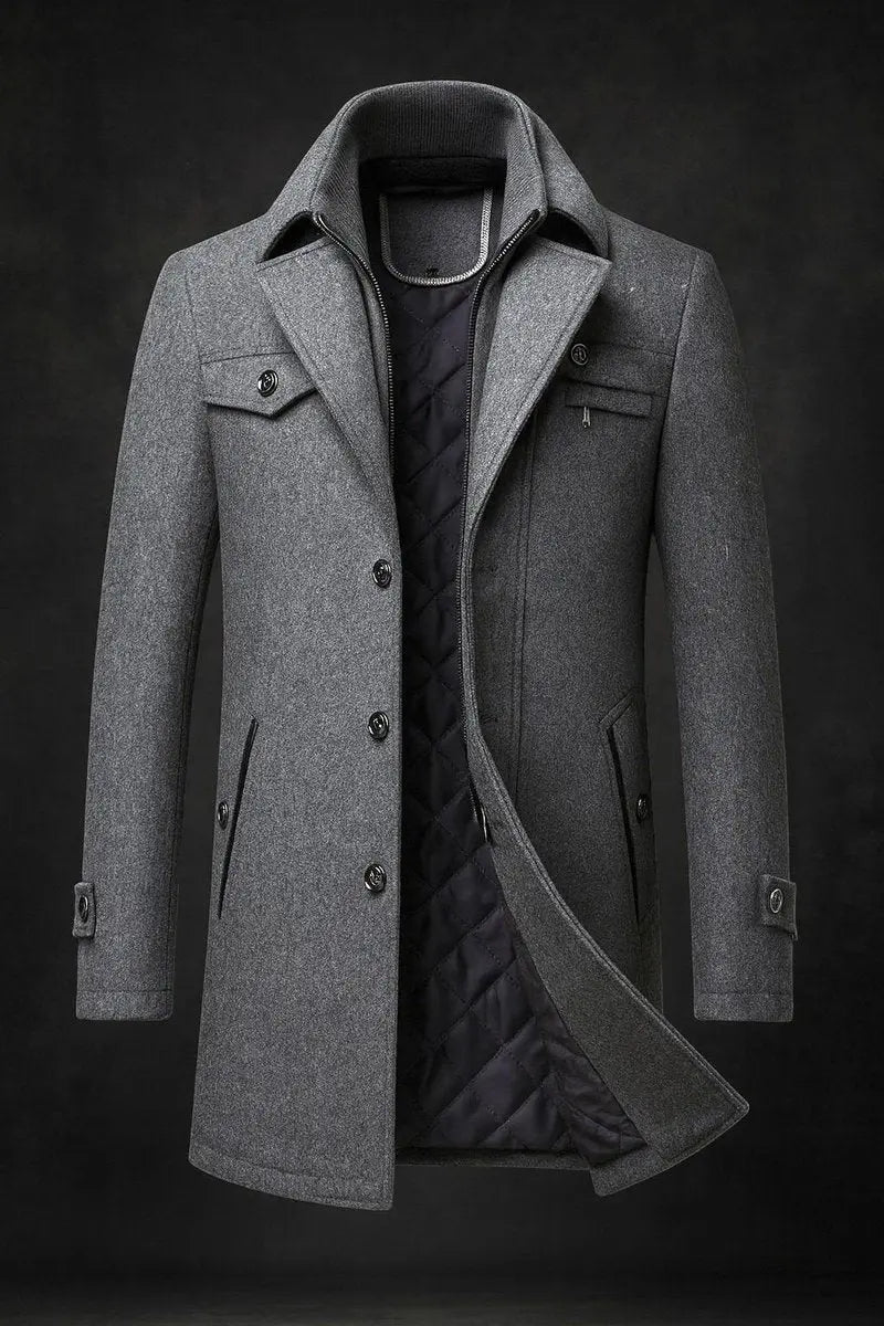Fashionable men's single-breasted quilted winter jacket, elegant double collar design for smart casual attire.