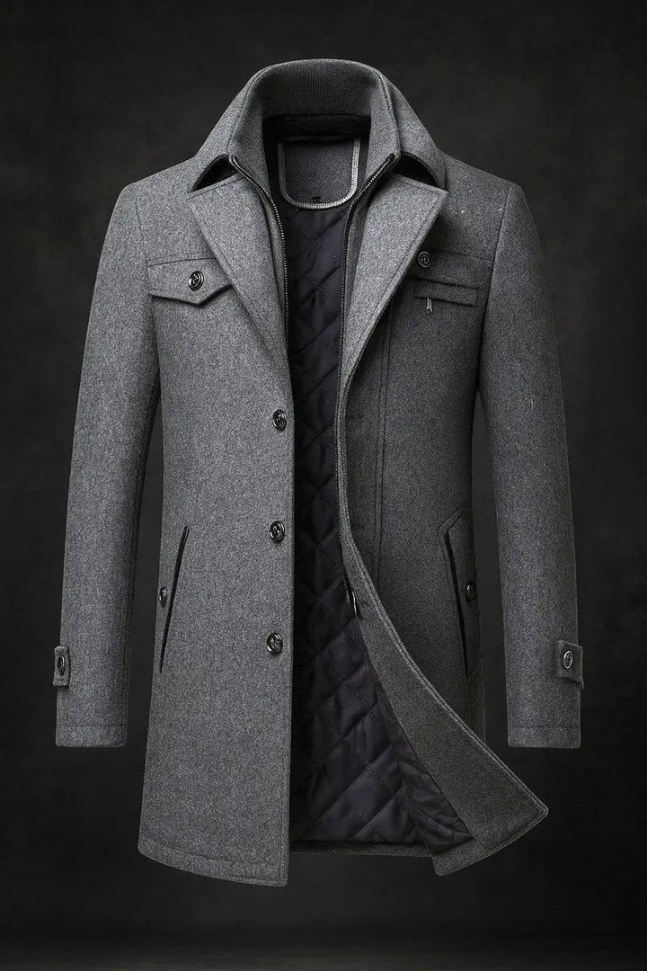 Fashionable men's single-breasted quilted winter jacket, elegant double collar design for smart casual attire.