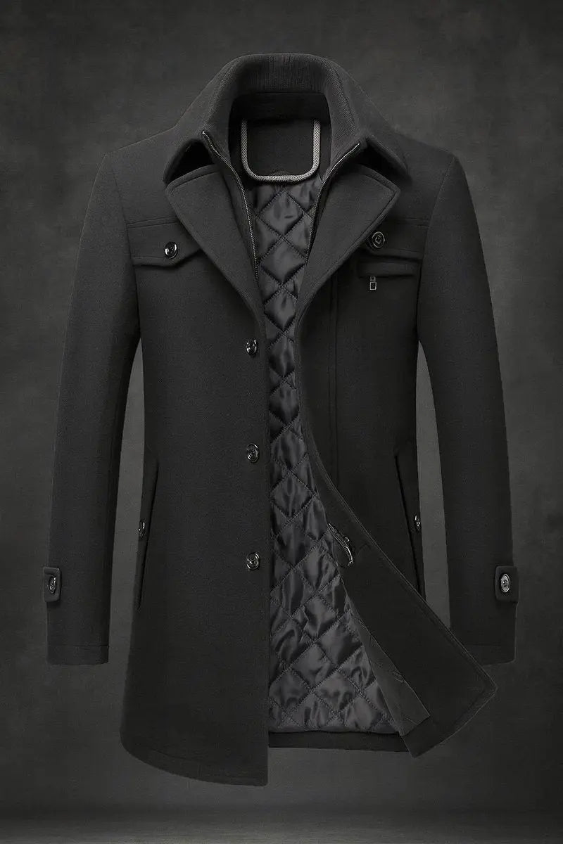 High-quality men's quilted winter overcoat, single-breasted, with a sophisticated double collar for colder days.