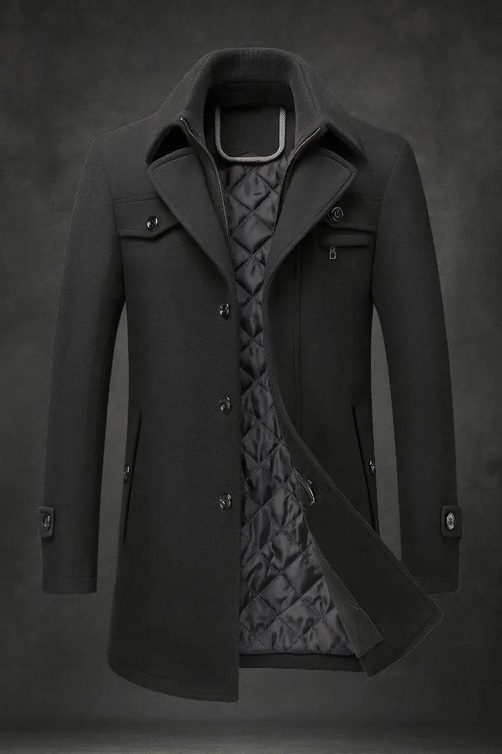High-quality men's quilted winter overcoat, single-breasted, with a sophisticated double collar for colder days.