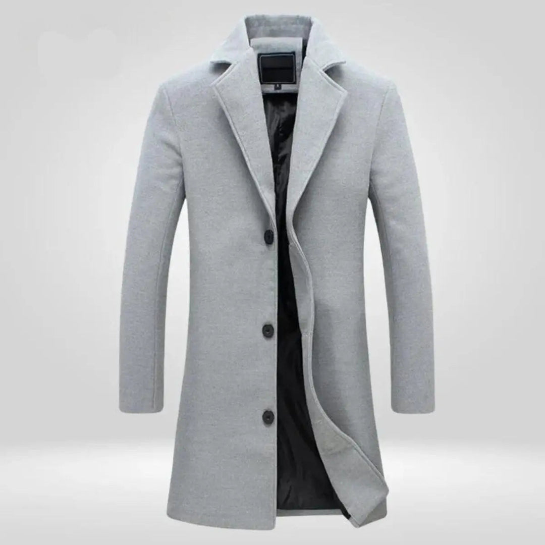 Elegant camel men's single-breasted long overcoat. Warm outer layer for sophisticated formal or casual cold weather style.