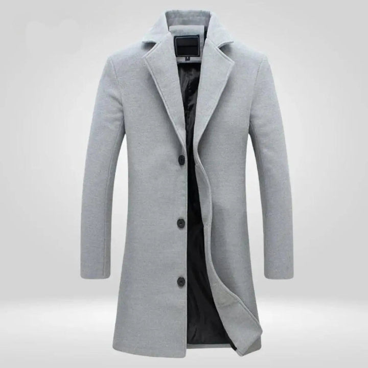 Elegant camel men's single-breasted long overcoat. Warm outer layer for sophisticated formal or casual cold weather style.