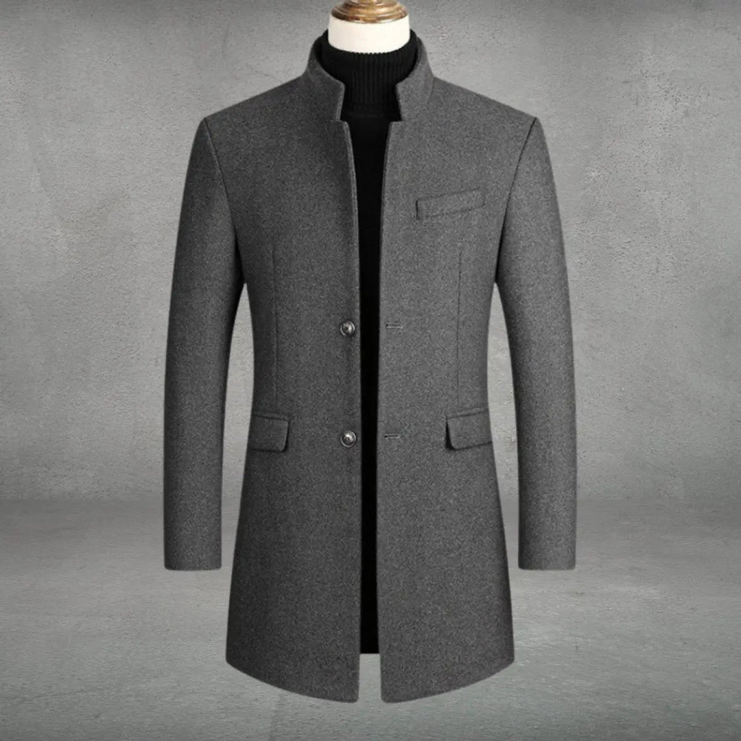 Men's slim fit tailored overcoat with a sleek standing collar, ideal for modern business & formal winter wear.
