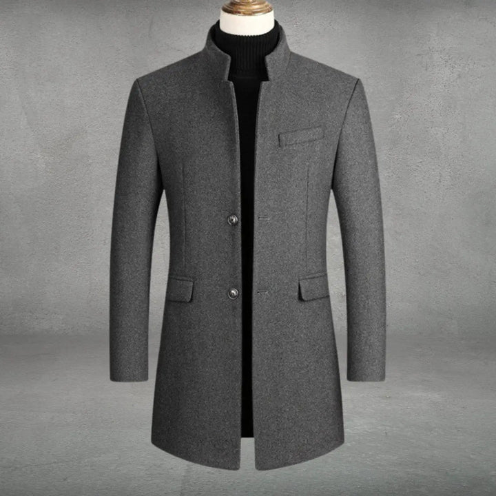 Men's slim fit tailored overcoat with a sleek standing collar, ideal for modern business & formal winter wear.