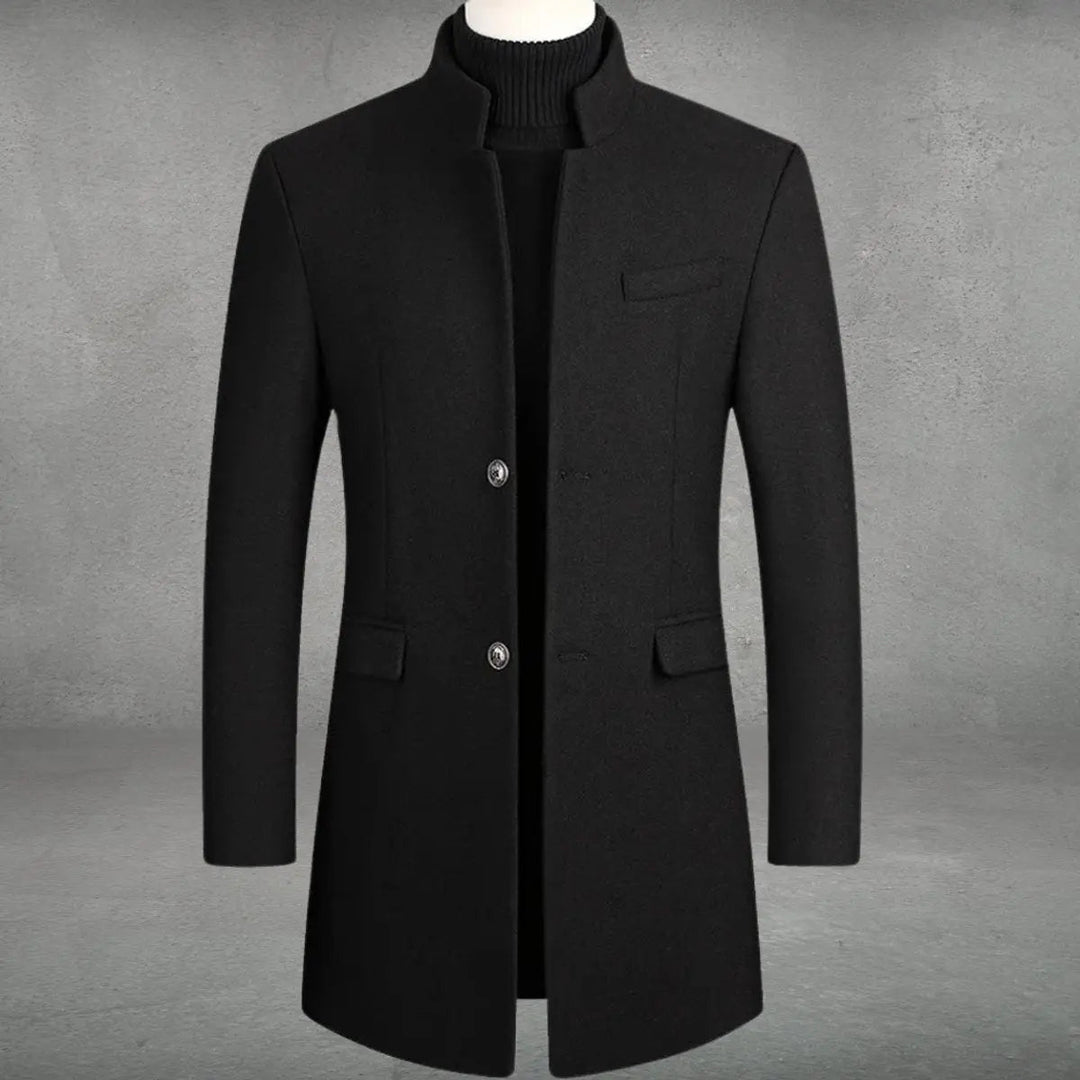 Elegant men's tailored overcoat, slim fit, featuring a sophisticated standing collar for smart autumn/winter style.