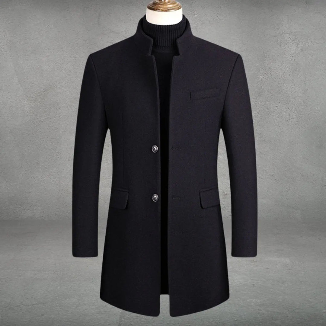 Formal men's slim fit long overcoat with a standing collar, perfect business outerwear & sleek winter fashion.