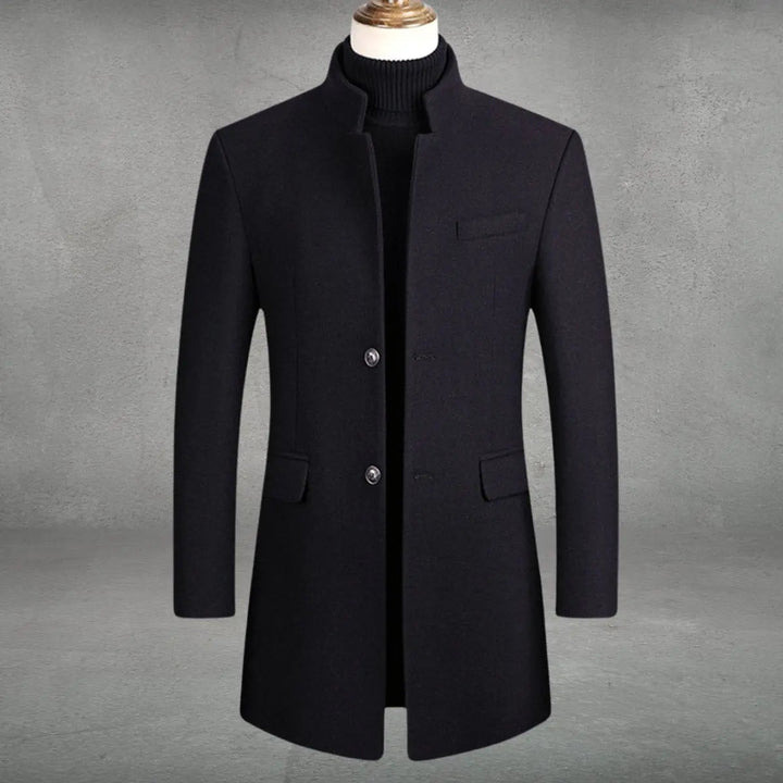 Formal men's slim fit long overcoat with a standing collar, perfect business outerwear & sleek winter fashion.
