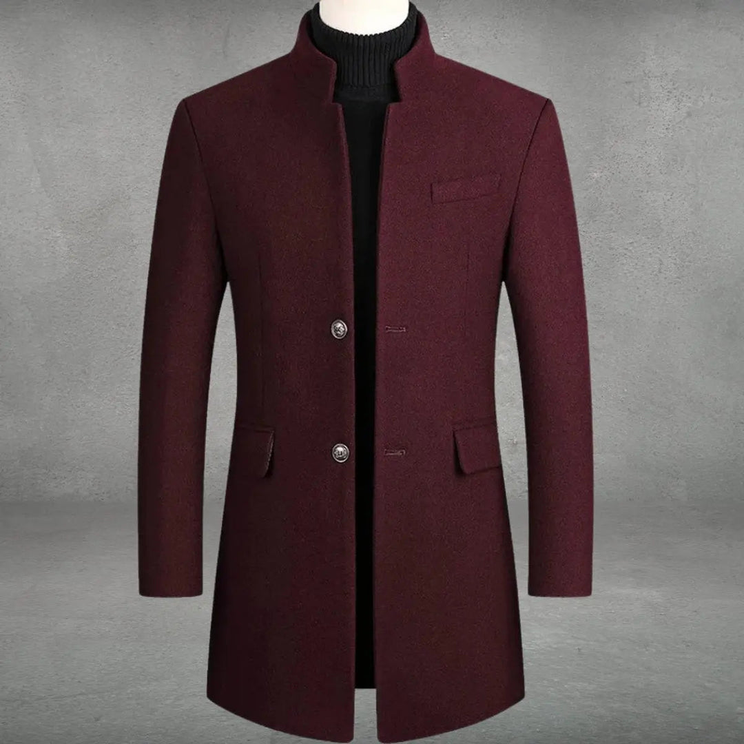Sleek men's slim fit overcoat, tailored with a standing collar, offering a modern and smart look for autumn & winter.