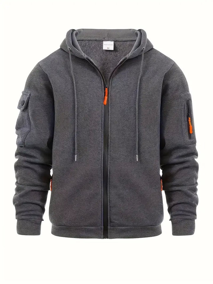 "Men's wool hooded sweatshirt in soft material, casual style. Available in various colors, shown with classic hood."