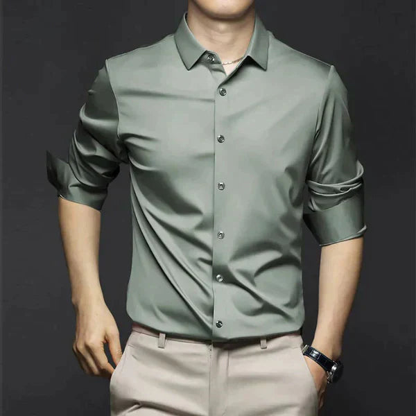 "Men's wrinkle-free dress shirt in beige. Stylish, tailored fit perfect for formal and casual settings."