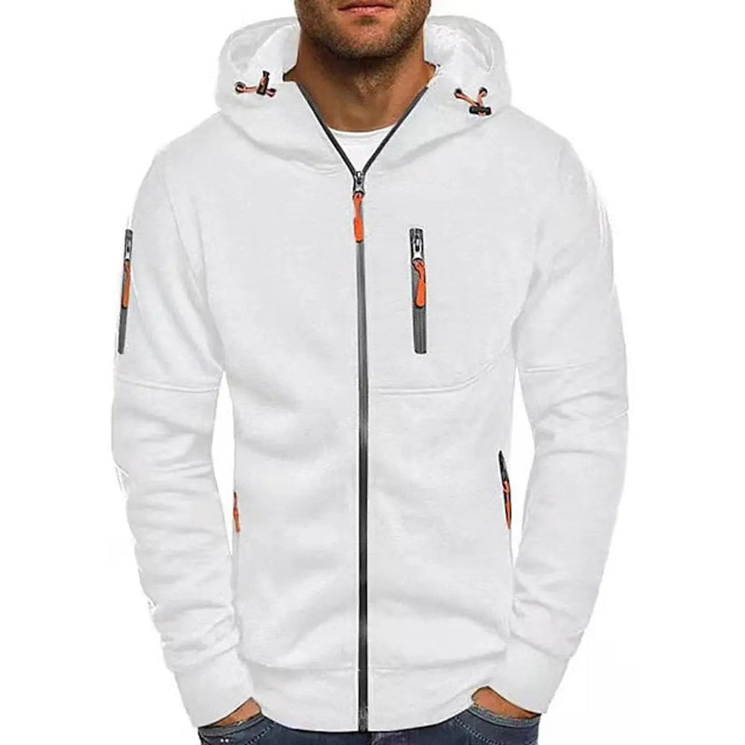 Men's black zip-up fleece hoodie with multiple pockets, ideal for comfortable casual wear & everyday style.