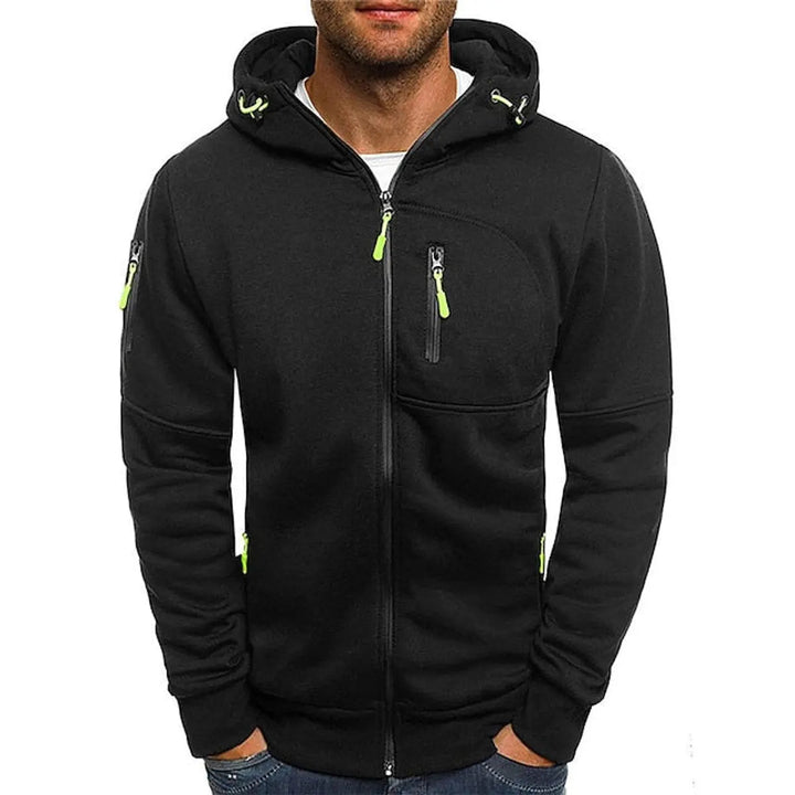 Stylish men's multi-pocket zip-up hoodie in grey, perfect outerwear for casual comfort & storing essentials.