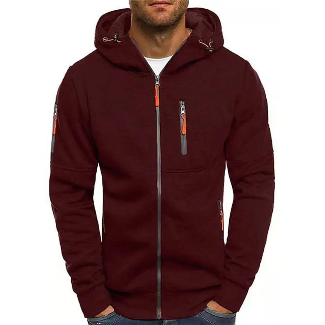 Man wearing a comfortable men's zip-up hoodie, showcasing multi-pockets, perfect for casual everyday fashion.