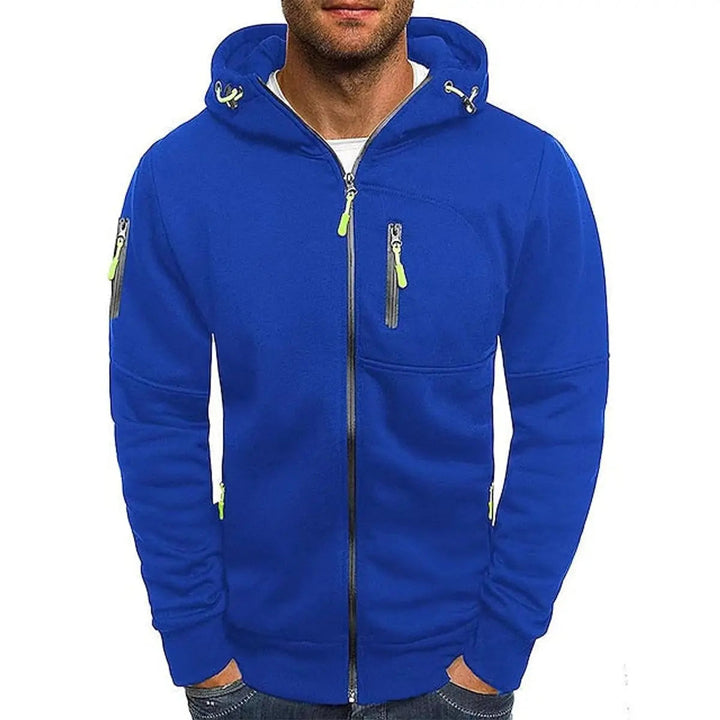 Navy men's casual zip-up hoodie with practical multiple pockets, ideal for active daily wear & comfort.