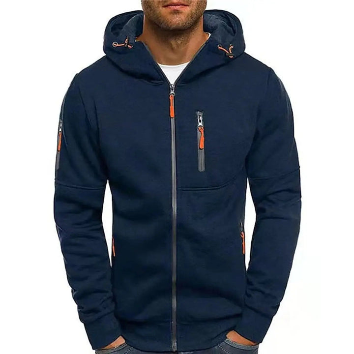 Back view of a men's zip-up hoodie, emphasizing comfortable fit, hooded design, and casual athletic style.