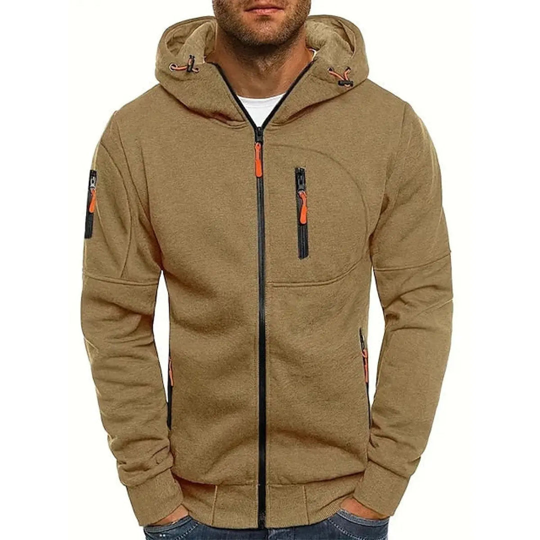 Active man in a men's multi-pocket zip-up hoodie, perfect for outdoor casual adventures & athletic everyday style.