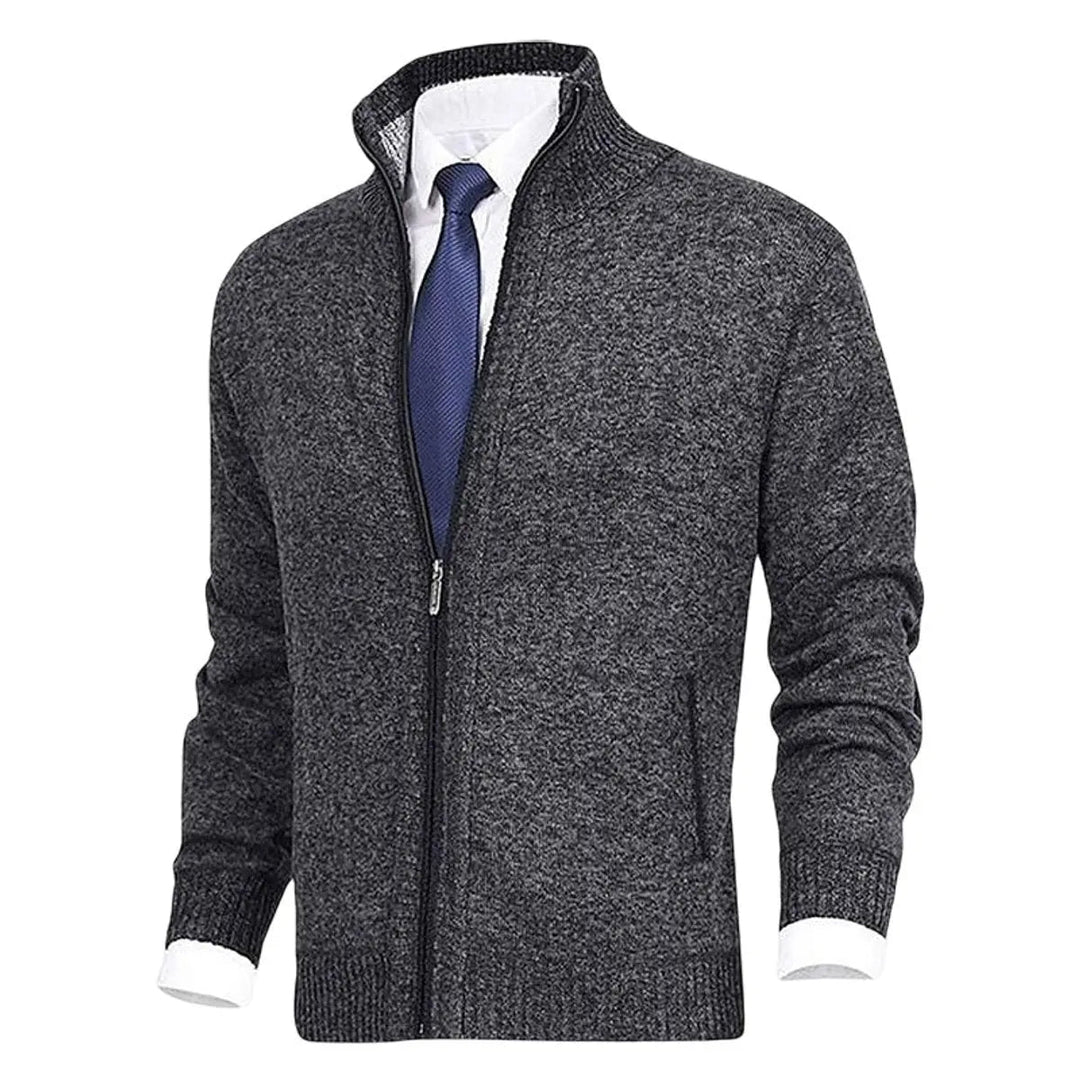 Back view of a modern men's zip-up cardigan, a stylish and comfortable top.