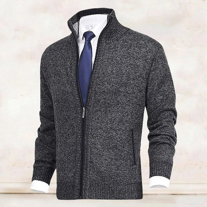 Folded men's warm fleece-lined stand collar cardigan, ready for display.
