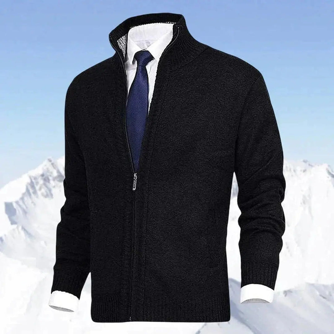 Side profile of a man wearing a snug and warm zip cardigan with a stand collar.