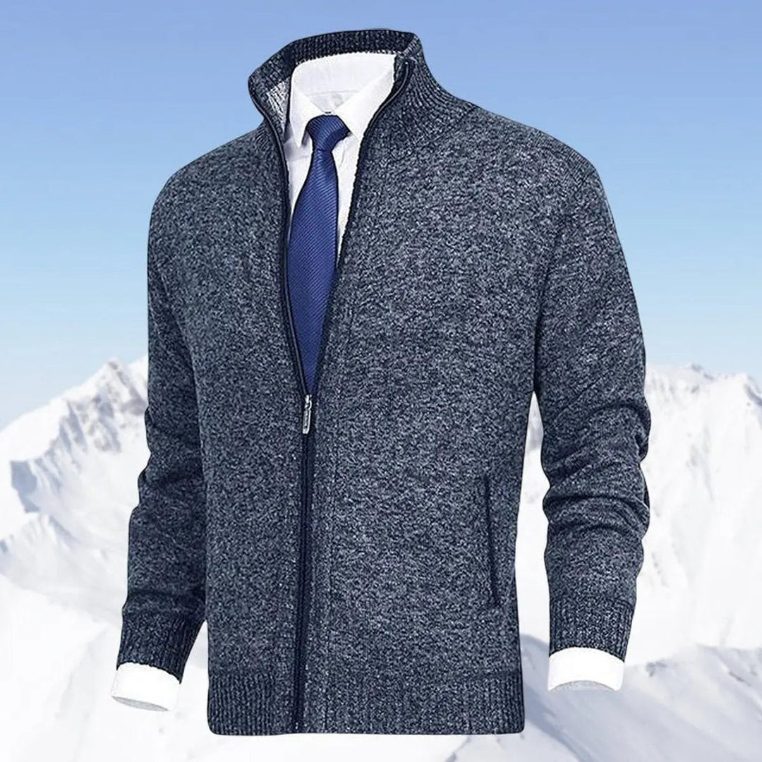 Stylish men's zip-up cardigan with stand collar, offering comfortable warmth and versatile style.