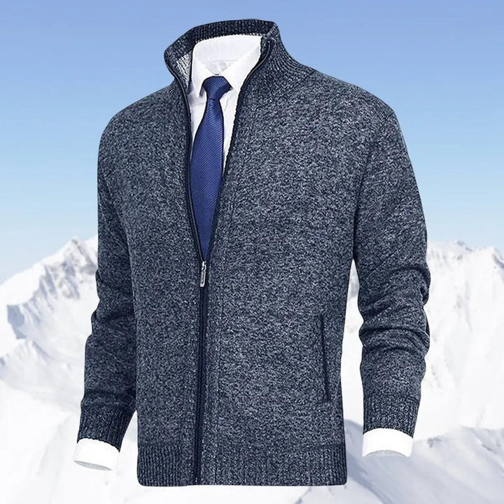 Stylish men's zip-up cardigan with stand collar, offering comfortable warmth and versatile style.