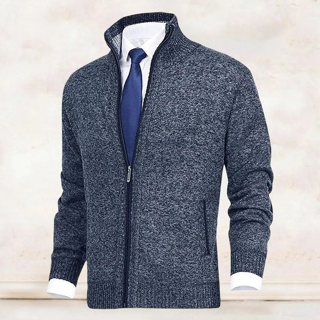 Cozy fleece-lined interior of a men's warm zip cardigan, showcasing its comfortable top.