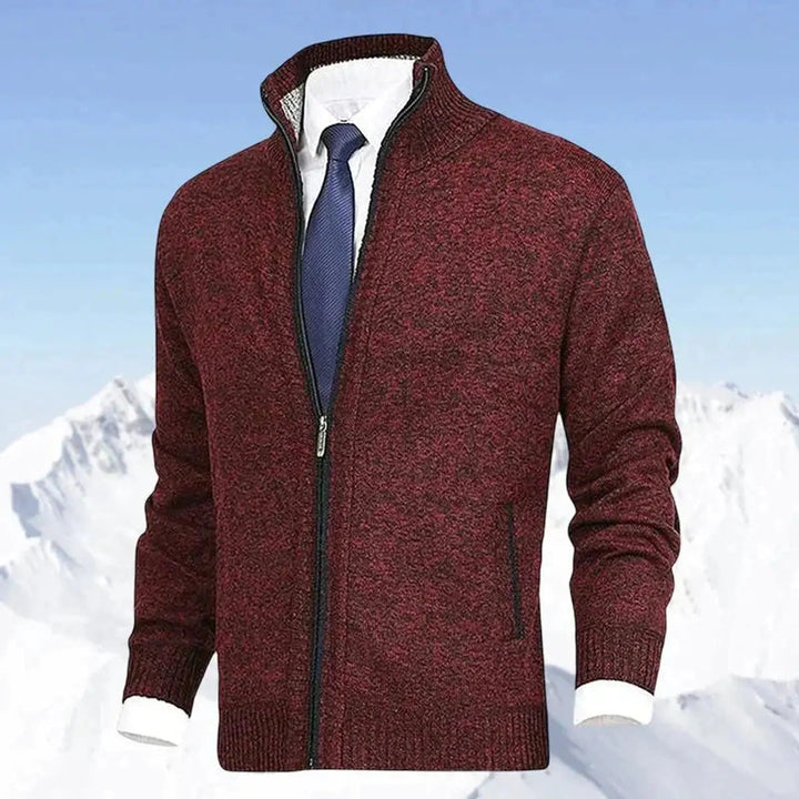Full shot of a men's casual sweater, a warm fleece-lined zip cardigan for everyday wear.