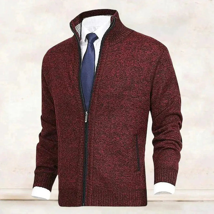 Close-up on the stand collar of a men's zip-up cardigan, a key design feature.