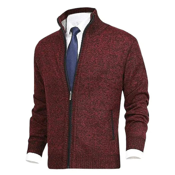 Durable zipper detail on a men's warm fleece-lined stand collar cardigan, built for comfort.